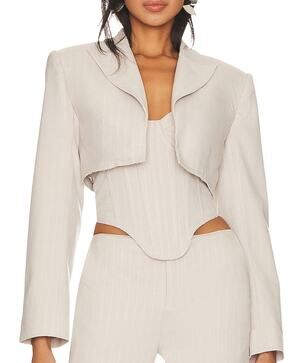 h:ours Gray Crop Tweed Blazer MEDIUM Bolero Pinstripe Revolve Designer $248 NEW